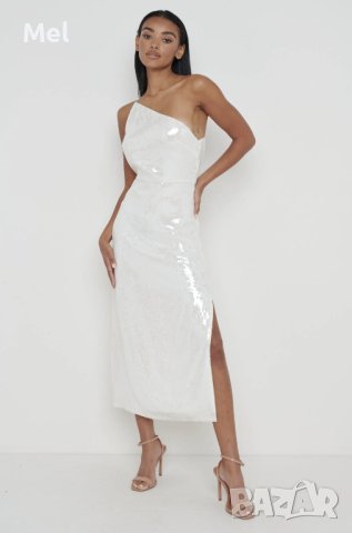 Pretty Lavish дълга рокля с пайети, сребрист/бяла, едно рамо, р-р S, снимка 6 - Рокли - 43857189