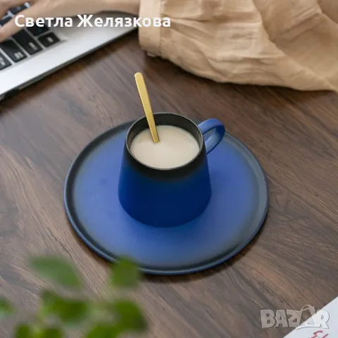 Комплект чаша за кафе, чинийка и златиста лъжица, снимка 6 - Чаши - 47280179