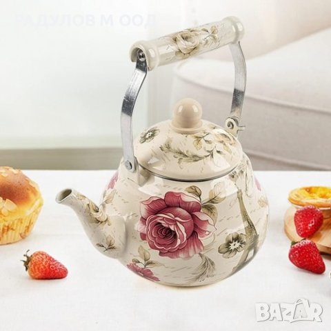 Емайлиран чайник с винтидж декор 2л / 70784, снимка 2 - Аксесоари за кухня - 43295218