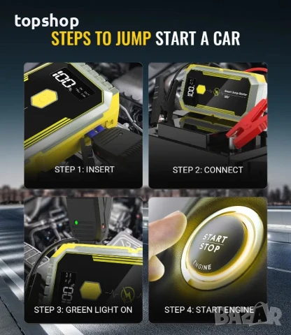 НОВ смарт jump starter стартов стартер 5000A, батерия за старт на двигателя, 26800mAh, снимка 6 - Аксесоари и консумативи - 50501488