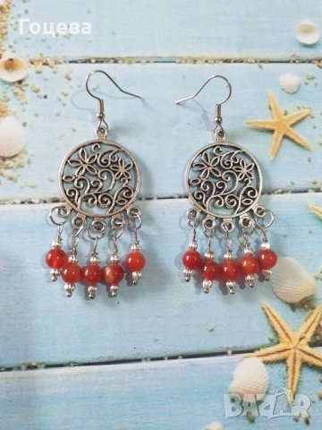 Красиви Бохо обици с камъни Корнеол и орнаментирана основа в цвят Сребро , снимка 3 - Обеци - 32867173