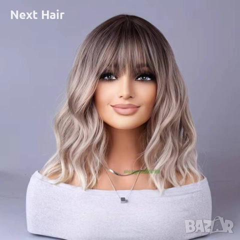 Вълнообразна руса перука с тристепенен омбре ефект и бретон, снимка 2 - Аксесоари за коса - 52897597