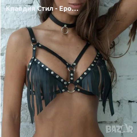 🖤 Промоция - Фетиш кожен сет пола с ресни и сутиен с ресни , снимка 4 - Поли - 48171704