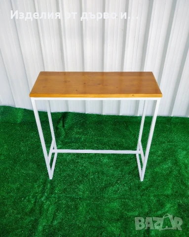 Бар маса с бяла метална конструкция и дървен плот от масив , снимка 2 - Маси - 51102848