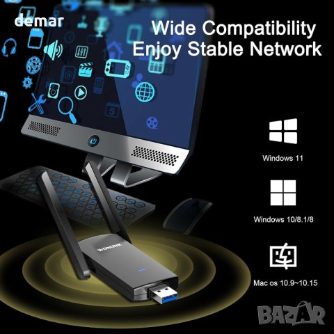 1300Mbps WiFi адаптер за настолен компютър/лаптоп, снимка 6 - Кабели и адаптери - 43230666