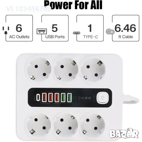 Разклонител 6 контакта, 5 USB+1 C конектор, 220V, 3000W, 10A,, снимка 2 - Други стоки за дома - 52261402
