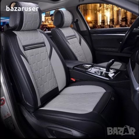 К-т Сиво-Черна Кожена Тапицерия(Калъфи за Седалки) Подходящ за всички автомобили, снимка 3 - Аксесоари и консумативи - 33229854