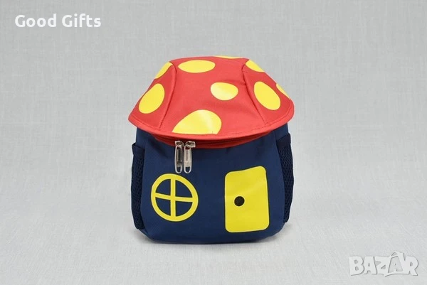 Детска текстилна раница Гъбка с джобове и дръжка за контрол – 18х23х8 см, снимка 5 - Раници - 51399282