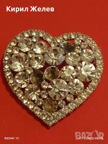 Винтидж брошка във формата на сърце инкрустирана с прозрачни и опушени кристали 52174