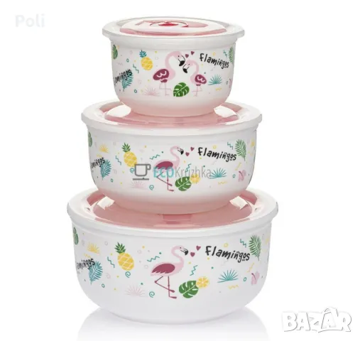 Комплект от 3 порцеланови купи за съхранение на храна с вакуумни силиконови капаци., снимка 1