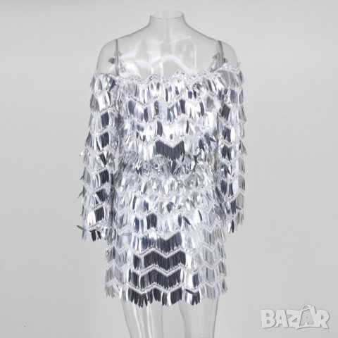 Сребриста бална абитуриентска официална къса рокля лукс с пера пайети, снимка 5 - Рокли - 26863745