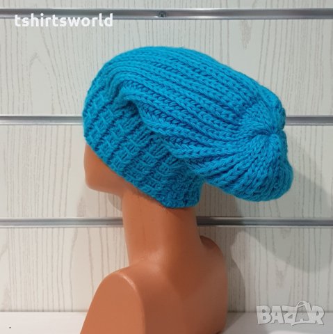 Нова зимна плетена шапка тип джудже в син цвят, снимка 3 - Шапки - 35491097