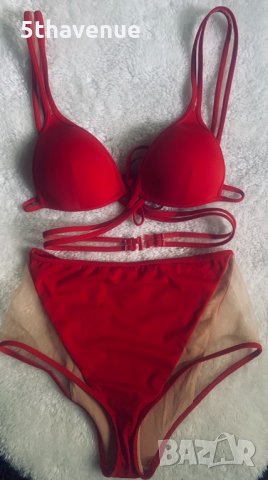 Нов бански комплект в червено бикина с висока талия , снимка 1 - Бански костюми - 33143949