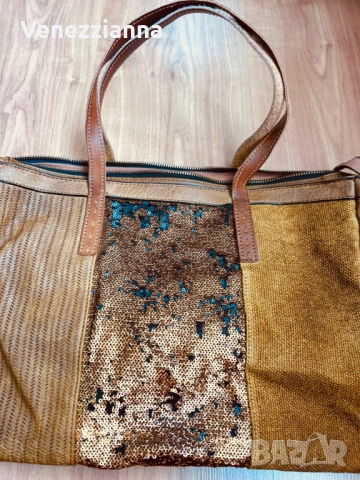 Дамска чанта в кафяв цвят от кожа,велур и текстил, снимка 2 - Чанти - 52351391