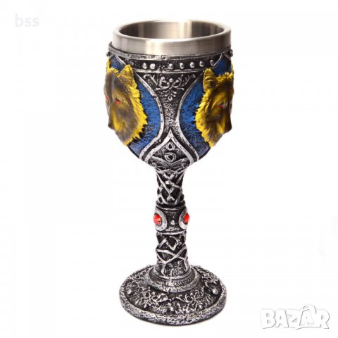 Код 94154 Стилна чаша от полирезин и метал с релефни декорации - вълци и символи, снимка 2 - Чаши - 37030133