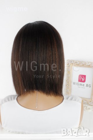 Тъмнокестенява перука от ЕСТЕСТВЕН косъм с медни кичури Селена, снимка 4 - Аксесоари за коса - 37879755