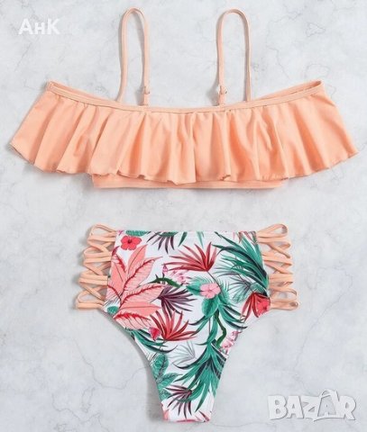 Прасковен цвят бански костюм, с падащи ръкави, и шарено долнище, снимка 2 - Бански костюми - 36652848