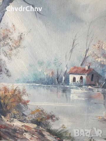 67х55см/голяма картина масло върху платно/есенен пейзаж/къща-река-дървета/дървена рамка, снимка 5 - Картини - 50896163