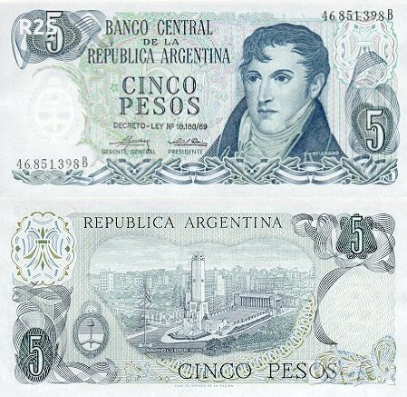 АРЖЕНТИНА 5 Песос ARGENTINA 5 Pesos, P-294, 1974 UNC