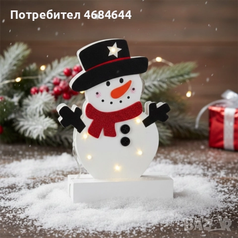 Светеща коледна украса във формата на снежен човек 25 см. Дървена LED декорация снежен човек с 6 LED, снимка 3 - Декорация за дома - 52817902