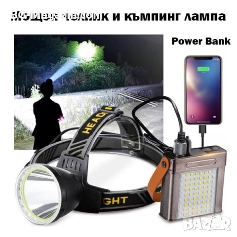 Професионален мощен челник за глава и къмпинг лампа с Power Bank за риболов къмпинг туризъм палатка