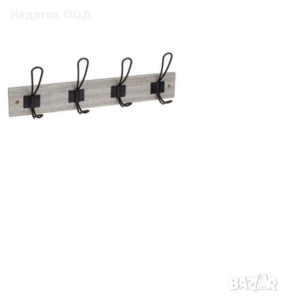 Стенна закачалка, Дървена, сива, 4 куки, 45x7x1,2 см, снимка 1