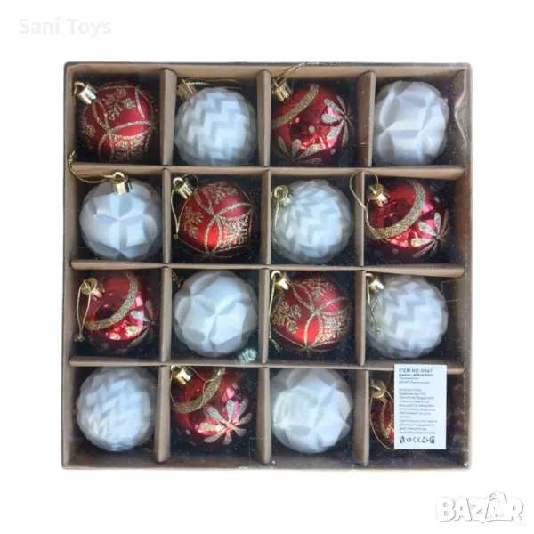 Коледна украса Топки 16 броя, бяло-червено, снимка 1