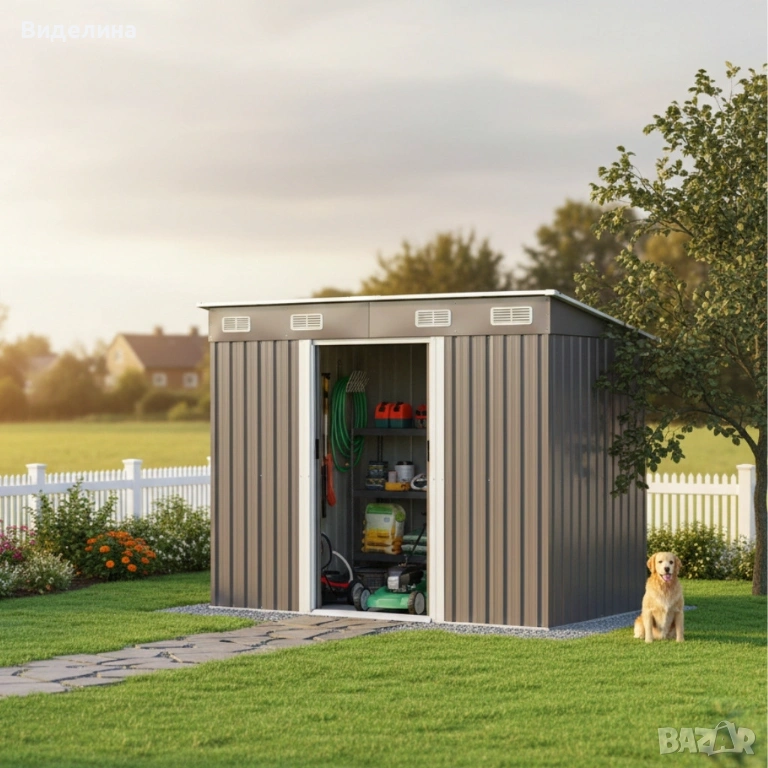 Метална градинска къща за инструменти с вентилация и заключване, снимка 1