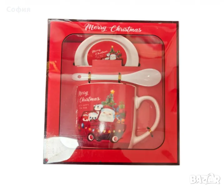 Порцеланова Коледна чаша с чинийка и лъжичка, в кутия, снимка 1