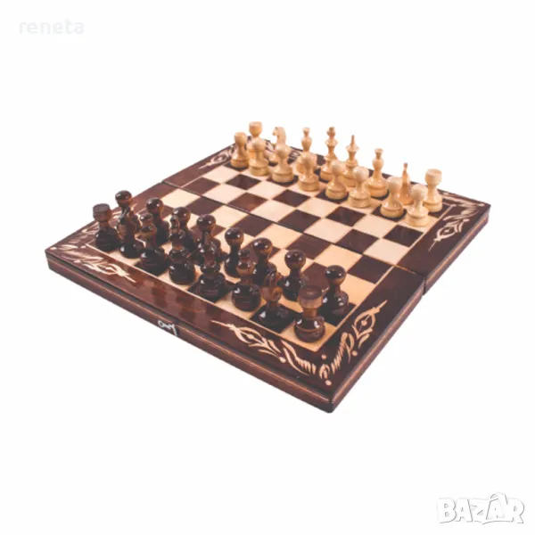 Комплект шах и табла, Дървен, Дърворезбована кутия, Кафяв, 44х44 см, снимка 1