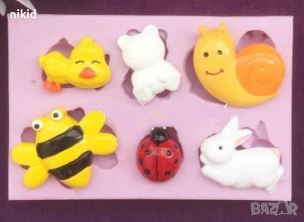 6 животни заек охлюв пате пчела калинка силиконов молд форма фондан шоколад, снимка 1