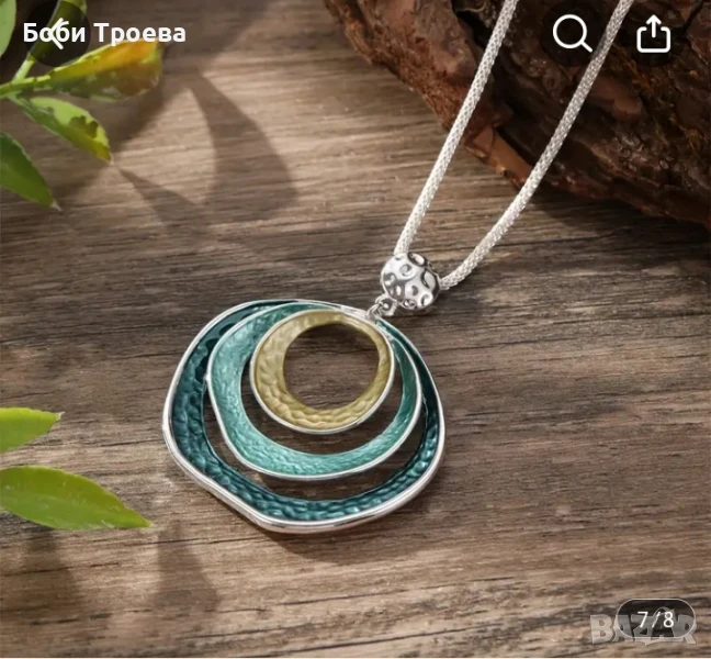 Бохо Стил колие от Цинков Сплав в Пауново синьо, Геометрична висулка Кръгла, снимка 1