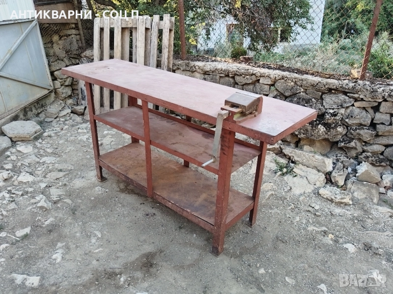 Комплект Стара Масивна Работна Маса с Машинно Менгеме / Около 100 кг. , снимка 1