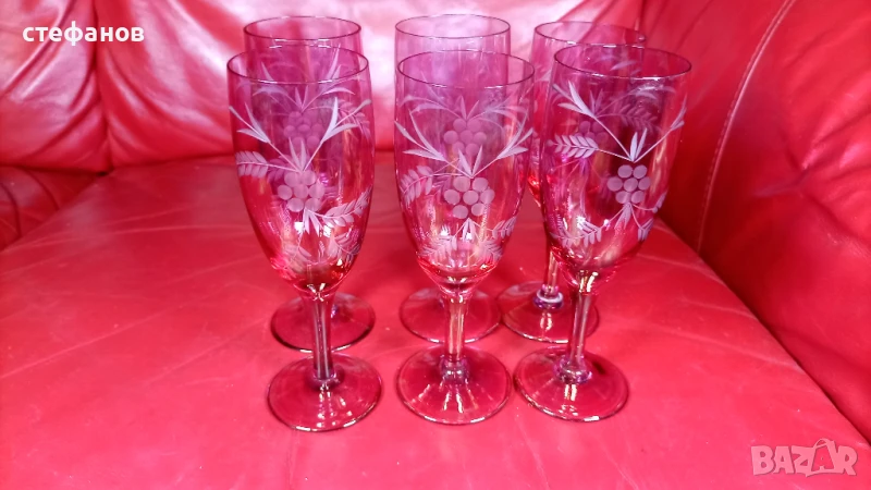 Разкошни чаши, калиево стъкло, ръчна гравюра, столче, 11 бр, снимка 1