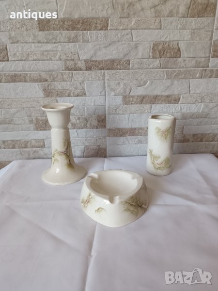 Стар порцеланов комплект от 3 части (свещник, ваза и пепелник) - Бонониа - гр.Видин, снимка 1