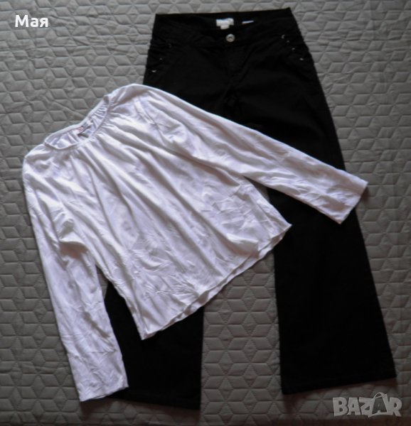 Дамски сет черен панталон H&M и ефектна бяла блуза , снимка 1