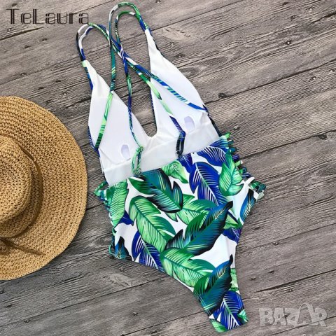 РАЗПРОДАЖБА НА БАНСКИ Цял бански на синьо-зелени листа (С, М, ХЛ), снимка 4 - Бански костюми - 27761429