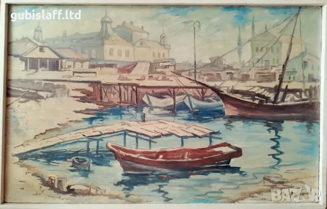 Картина "Бургаското пристанище", худ. Ат. Ганчев, 1980-те г.