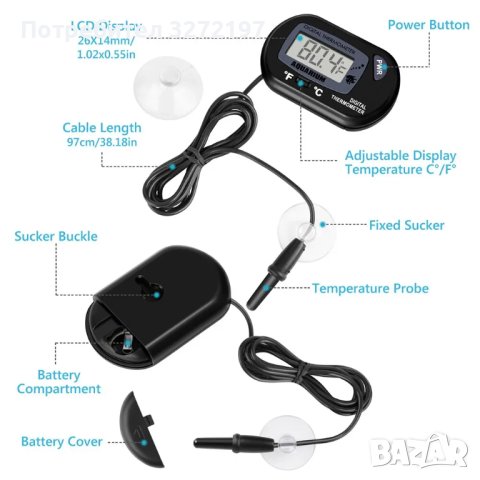 LCD електронен термометър за аквариум,водоустойчив,цифров екран, сензор контролер със сонда, снимка 3 - Оборудване за аквариуми - 43151614