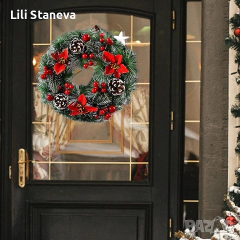 Коледен венец за декорация с шишарки и изкусветни коледни звезди., снимка 7 - Декорация за дома - 52389820
