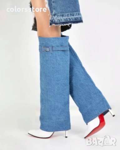 Ботуши на ток - деним и бяла кожа - KD100