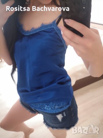 Син сатенен топ, S размер, снимка 3 - Корсети, бюстиета, топове - 28889597