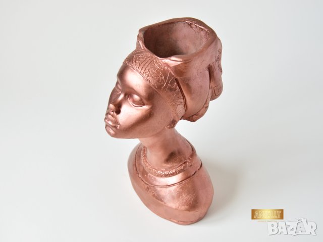 Декоративна бронзова кашпа / Подарък за жена / Кашпа с форма на глава на африканска жена, снимка 5 - Декорация за дома - 40523117