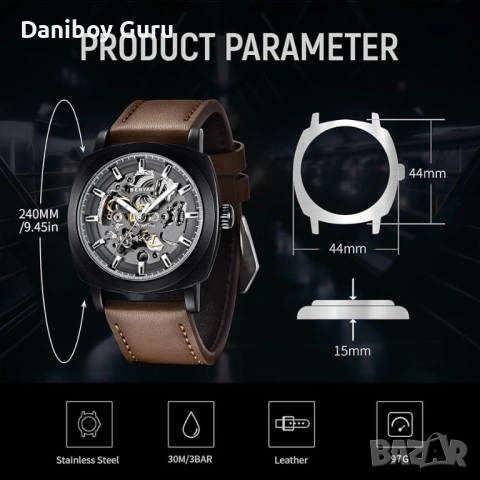 Мъжки часовник BENYAR, автоматичен механичен ръчен часовник, кафява кожена каишка, спортен механизъм, снимка 6 - Водоустойчиви - 53515415