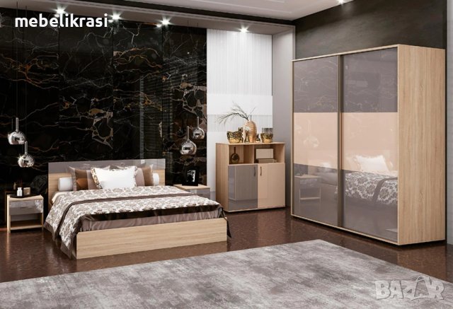 Спален комплект Селена 160/200 см, плъзгащи врати, плавно затваряне, сиво - крем гланц/сонома, снимка 1