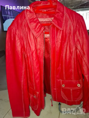 Червено кожено яке, снимка 6 - Якета - 49611488