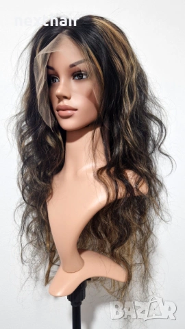 Естествена черна чуплива перука от бразилска човешка коса с руси кичури 75 см - Lace Front 13x6