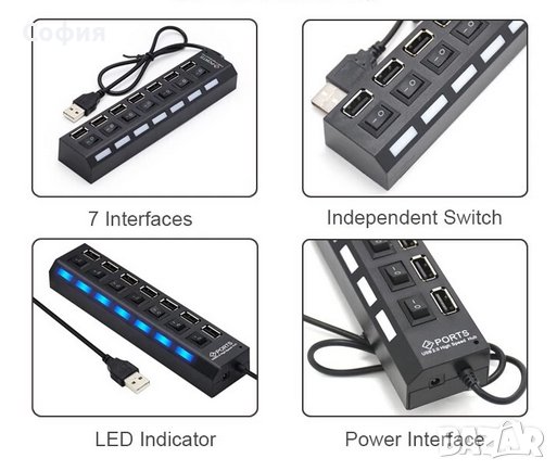 USB Хъб / разклонител със 7 port порта за компютър НАЛИЧНО !!!, снимка 5 - USB кабели - 36977885