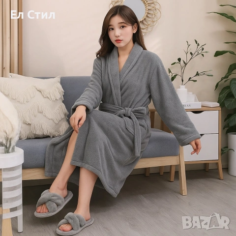 Дамски хотелски халат, класически, удобен, топъл, с връзки, мек, сив, снимка 4 - Хавлиени кърпи - 53567659