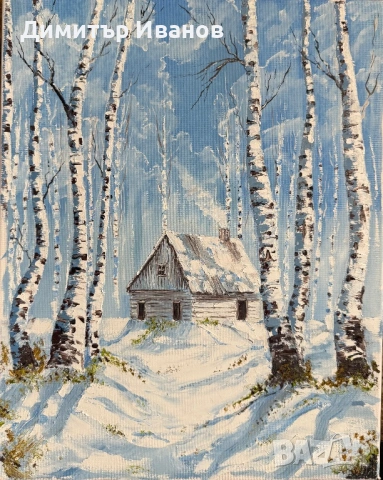Маслена картина на къща в снега